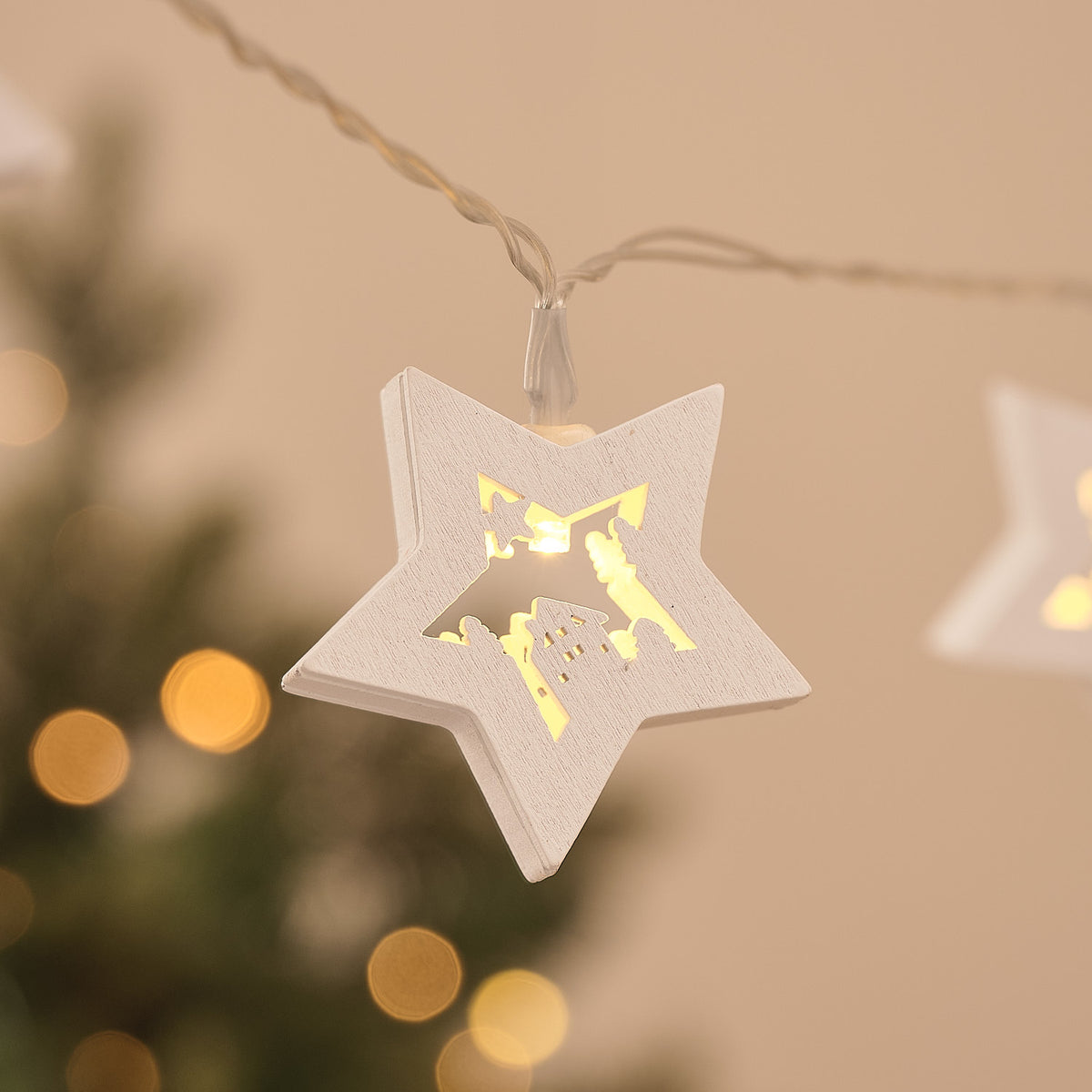 10 Christmas Scene Wooden Star LED Fairy Lights