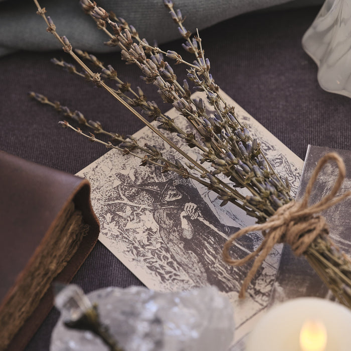 A bunch of dried lavender on a table