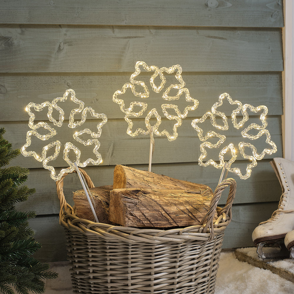 3 Acrylic Sparkly Snowflake LED Plug In Garden Stake Lights