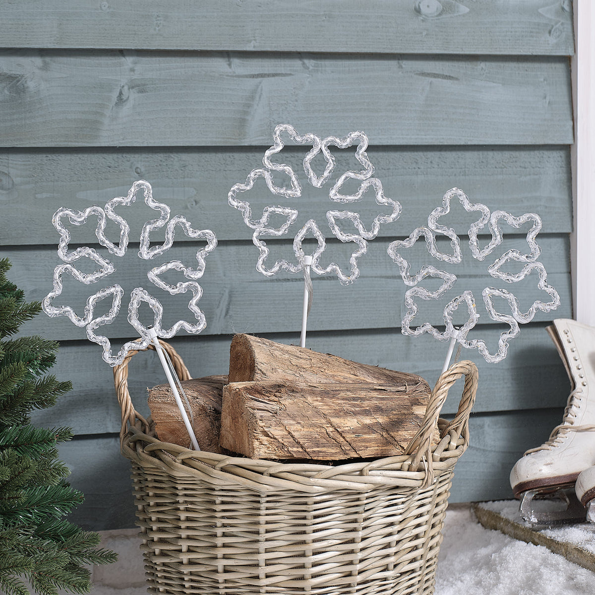 3 Acrylic Sparkly Snowflake LED Plug In Garden Stake Lights