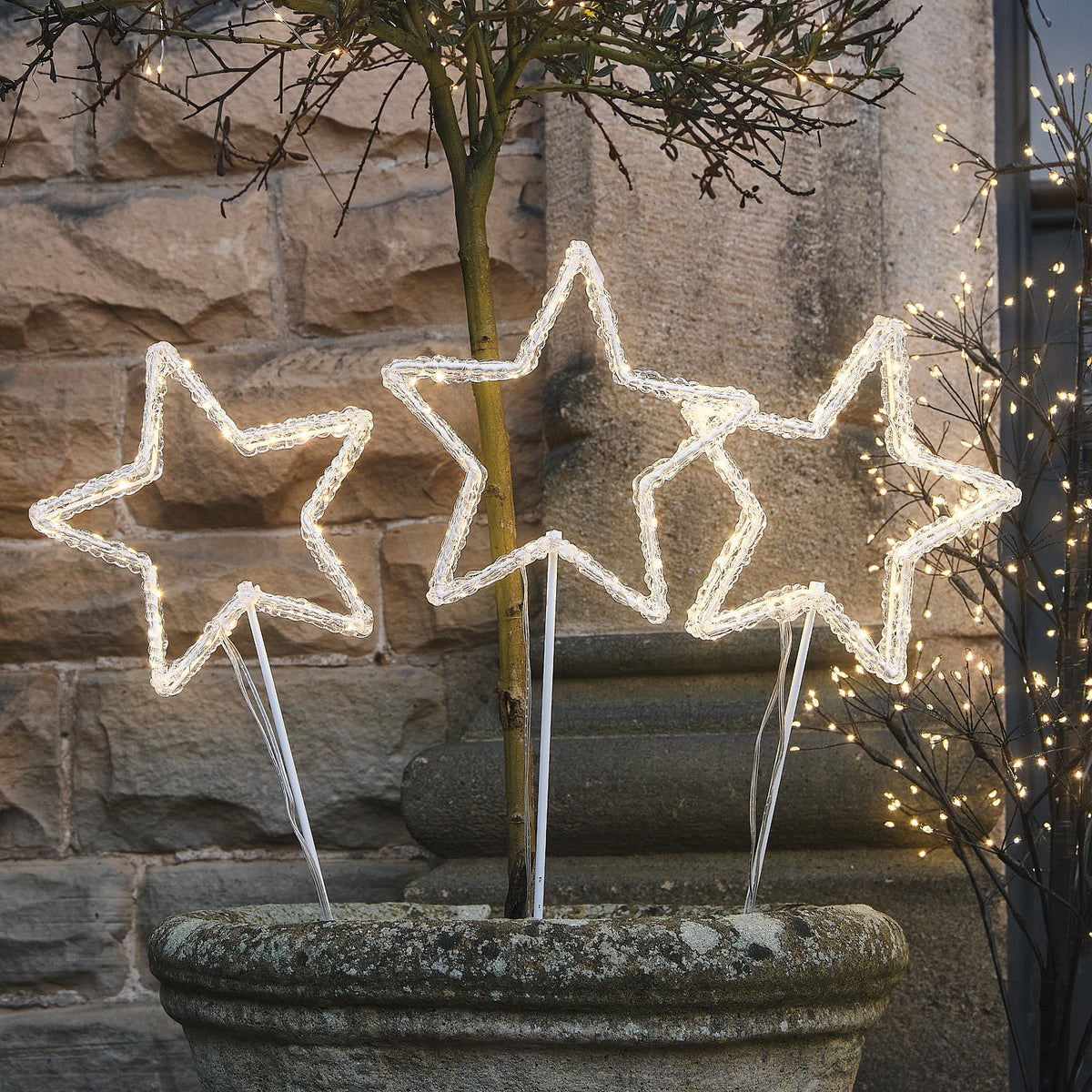 3 Acrylic Sparkly Star LED Plug In Garden Stake Lights