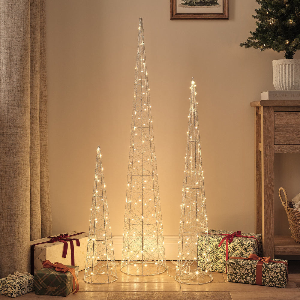 3 Warm White Micro LED Silver Wire Outdoor Cone Lights