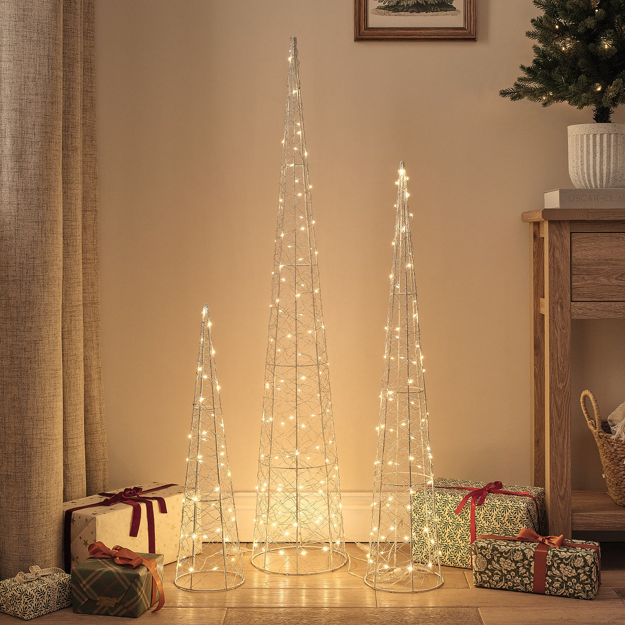 3 Warm White Micro LED Silver Wire Outdoor Cone Lights