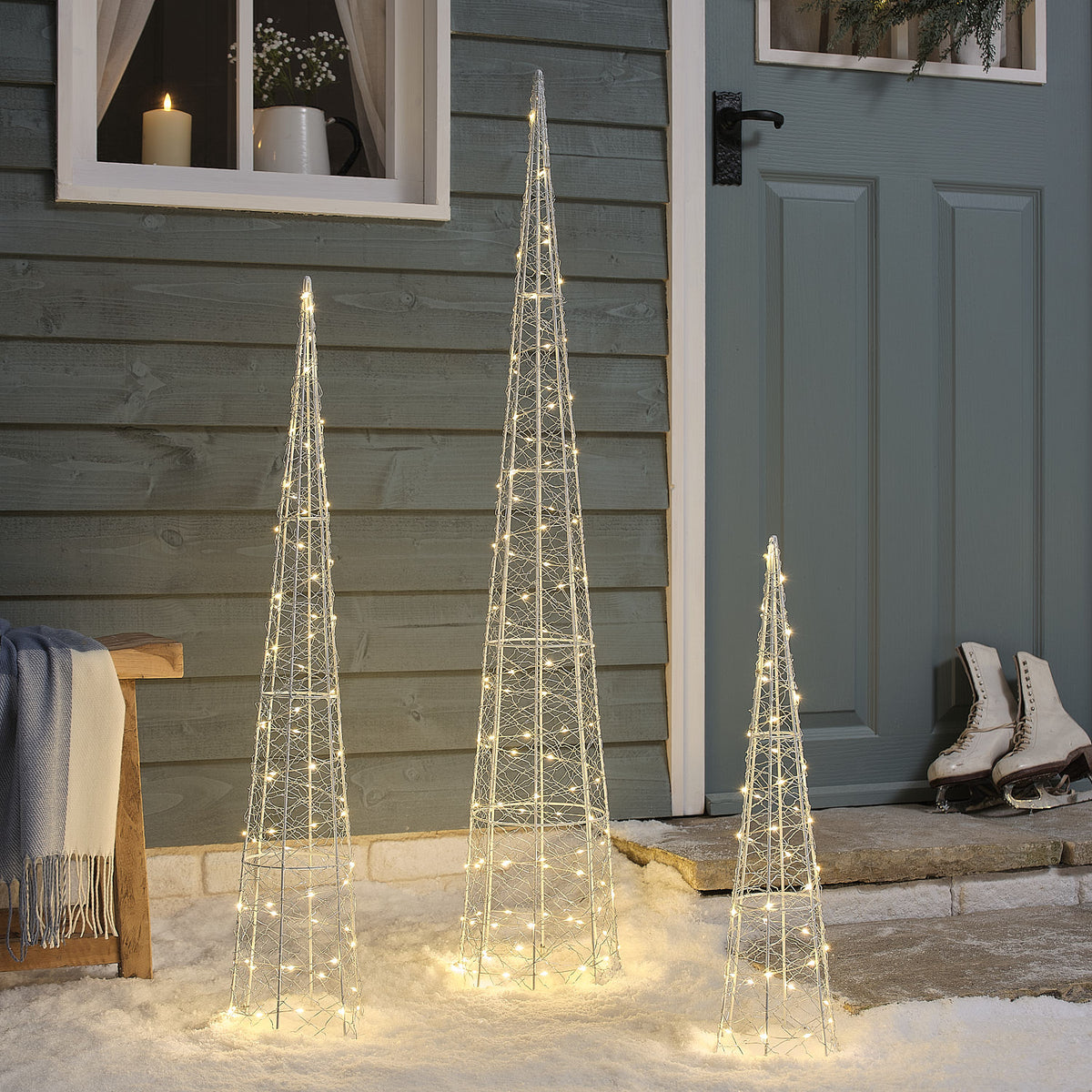 3 Warm White Micro LED Silver Wire Outdoor Cone Lights