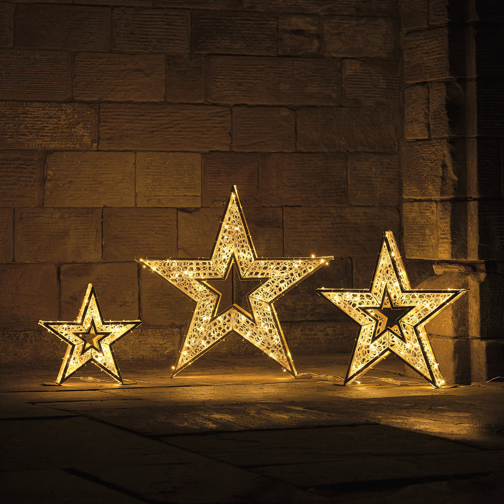 3 Gold Metal Star LED Outdoor Plug In Lights