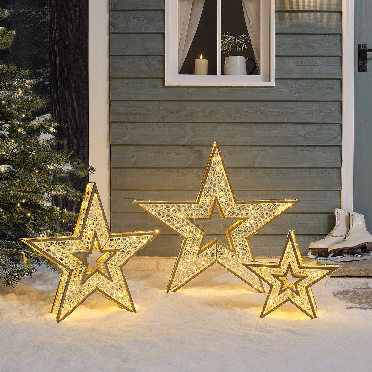3 Gold Metal Star LED Outdoor Plug In Lights