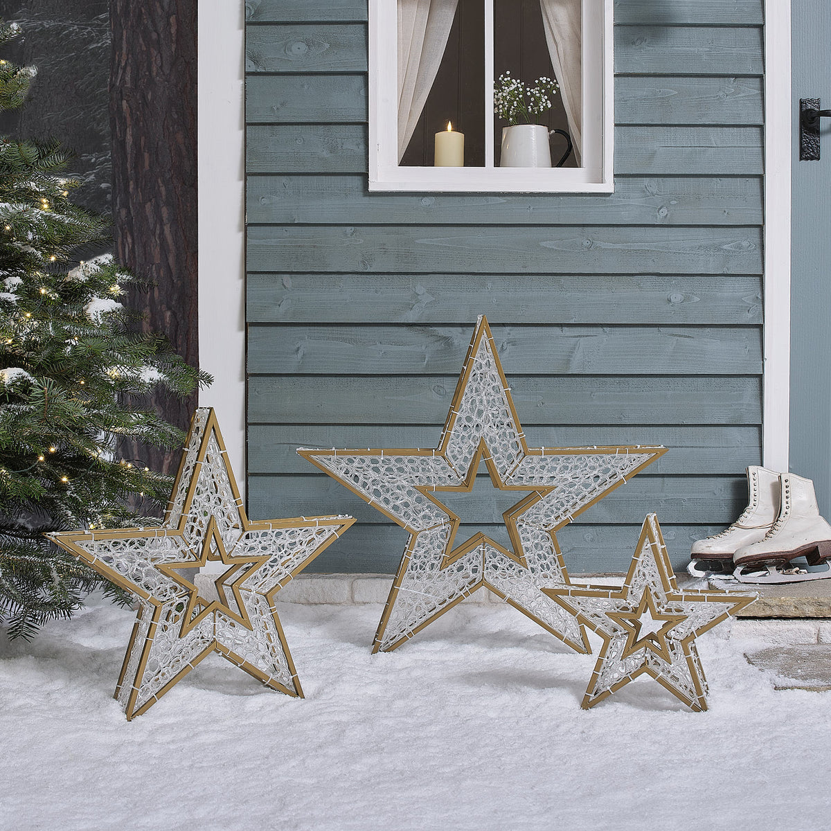 3 Gold Metal Star LED Outdoor Plug In Lights
