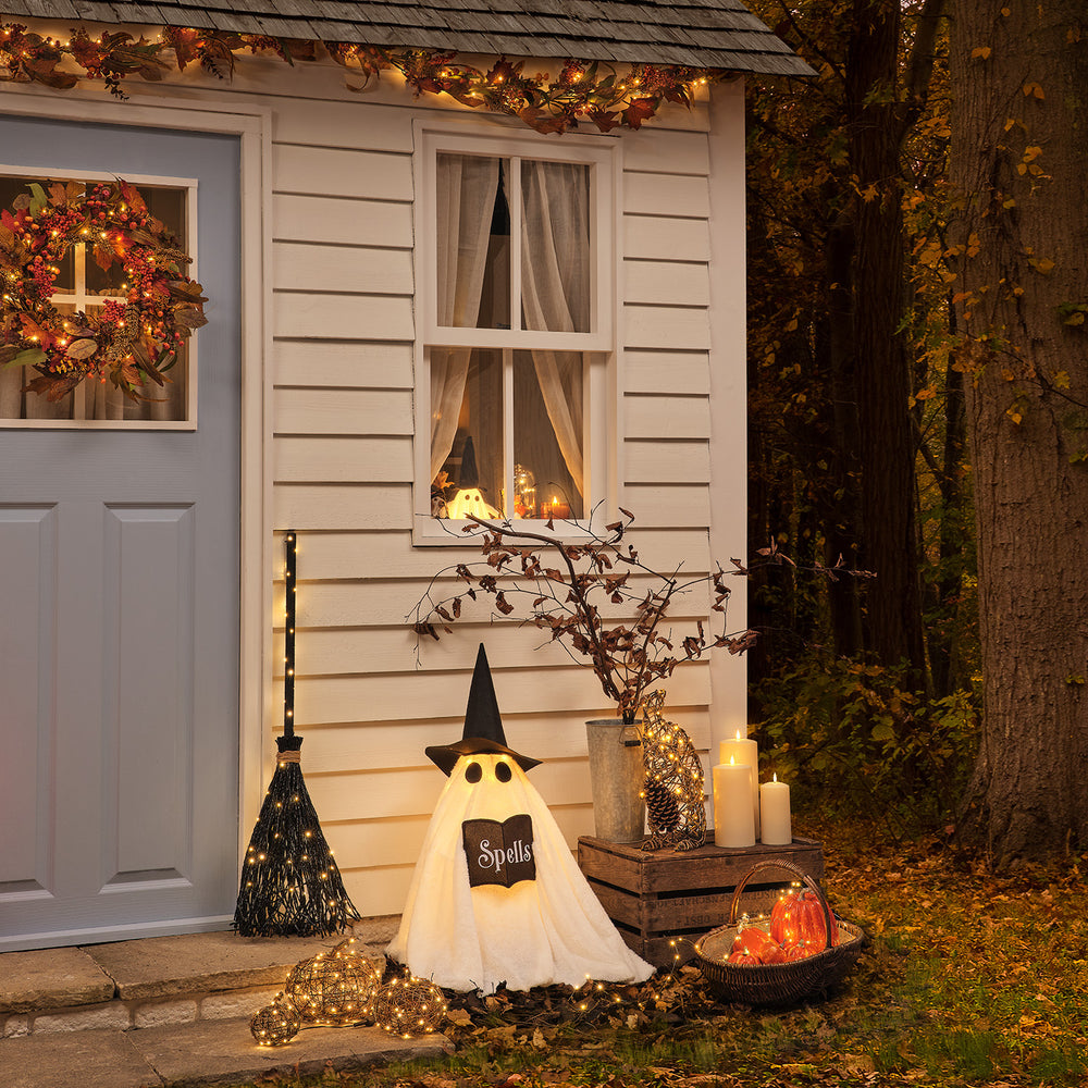 Wanda the Witch Ghost & Black Witches Broom Outdoor LED Halloween Decorations
