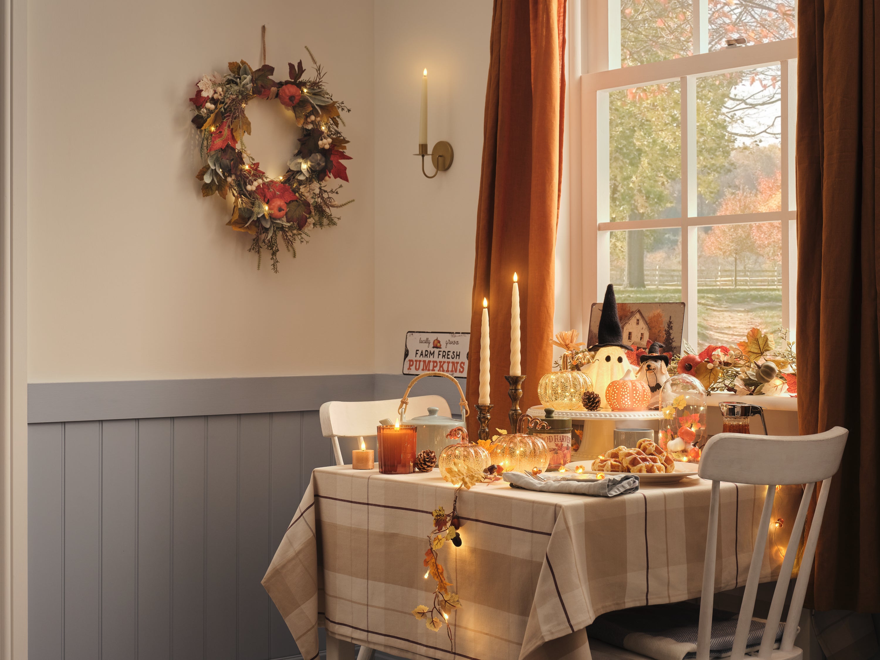 A dining table decorated for Halloween
