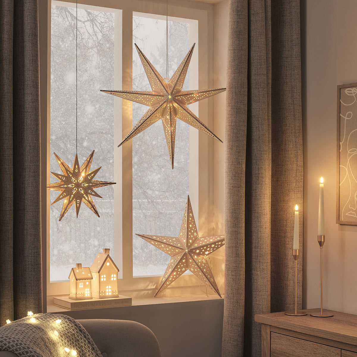 Set of 3 Wooden Star Light Up Hanging Christmas Decorations