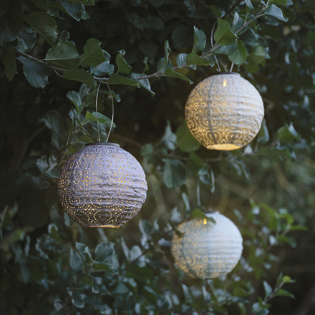 3 tyvek lanterns hanging from tree branches