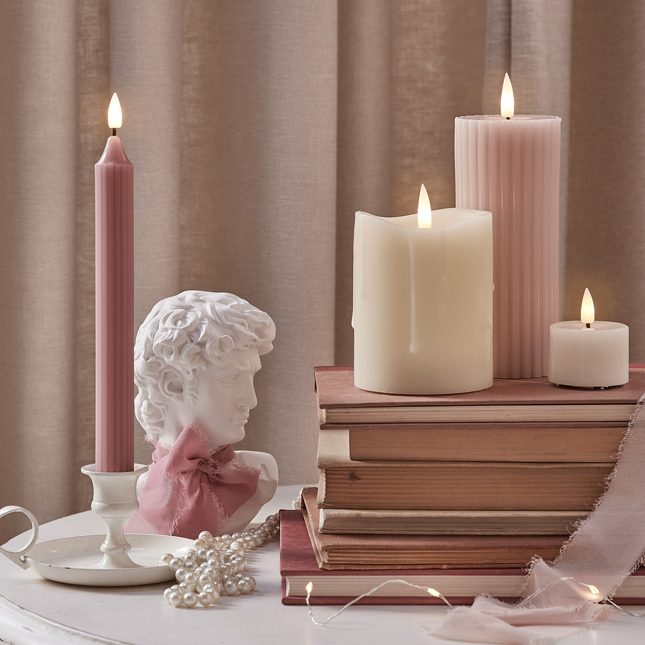 3 Fluted Blush Pink TruGlow® Slim Pillar LED Candles