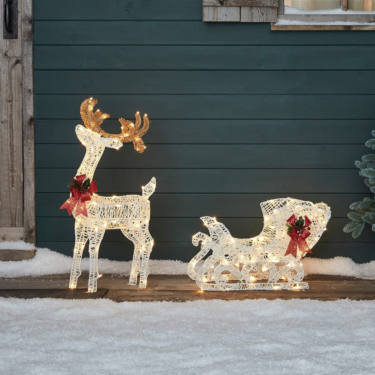 Solar Powered Harewood Spun Cotton Light Up Reindeer & Sleigh