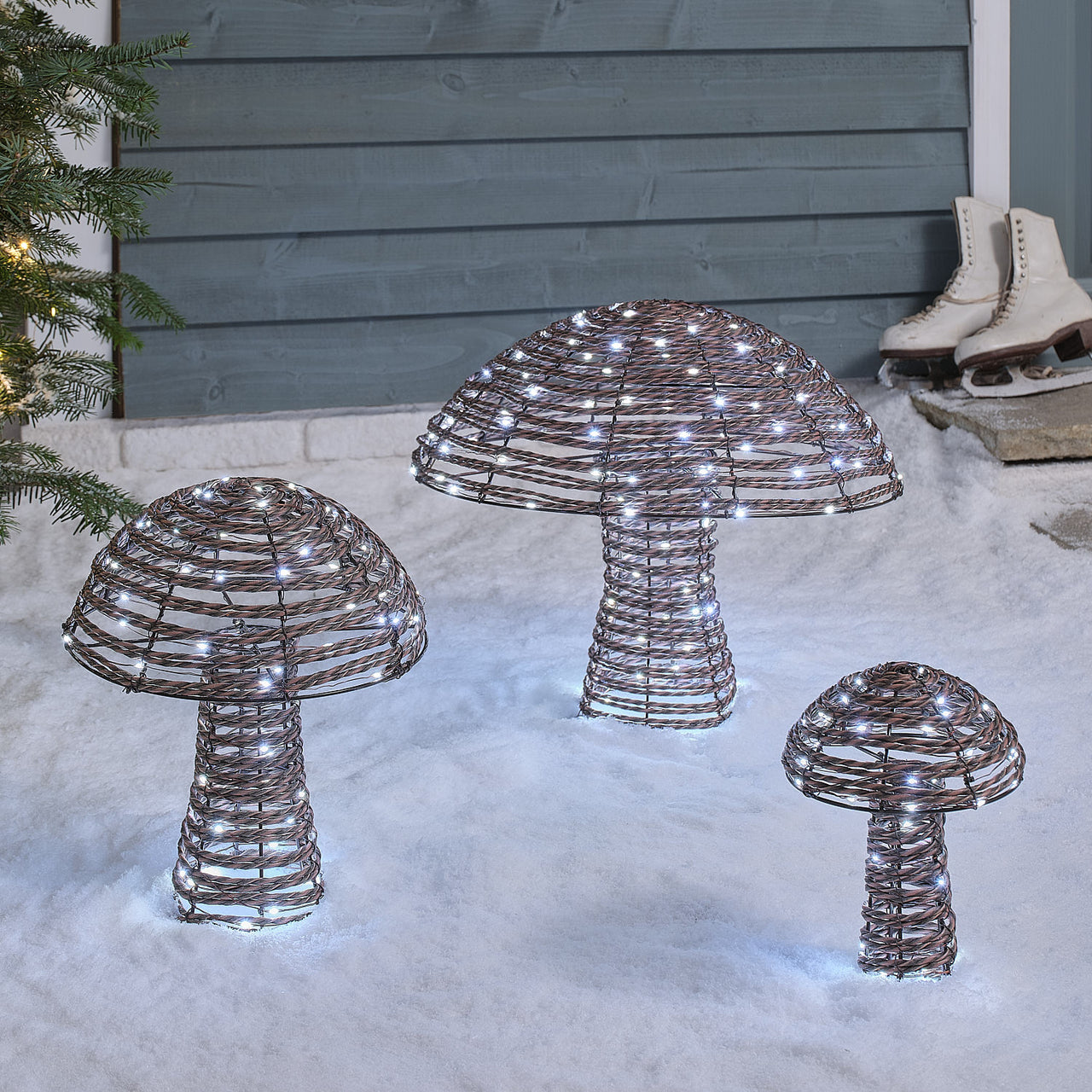 Pateley Rattan Dual LED Mushroom Garden Light Trio