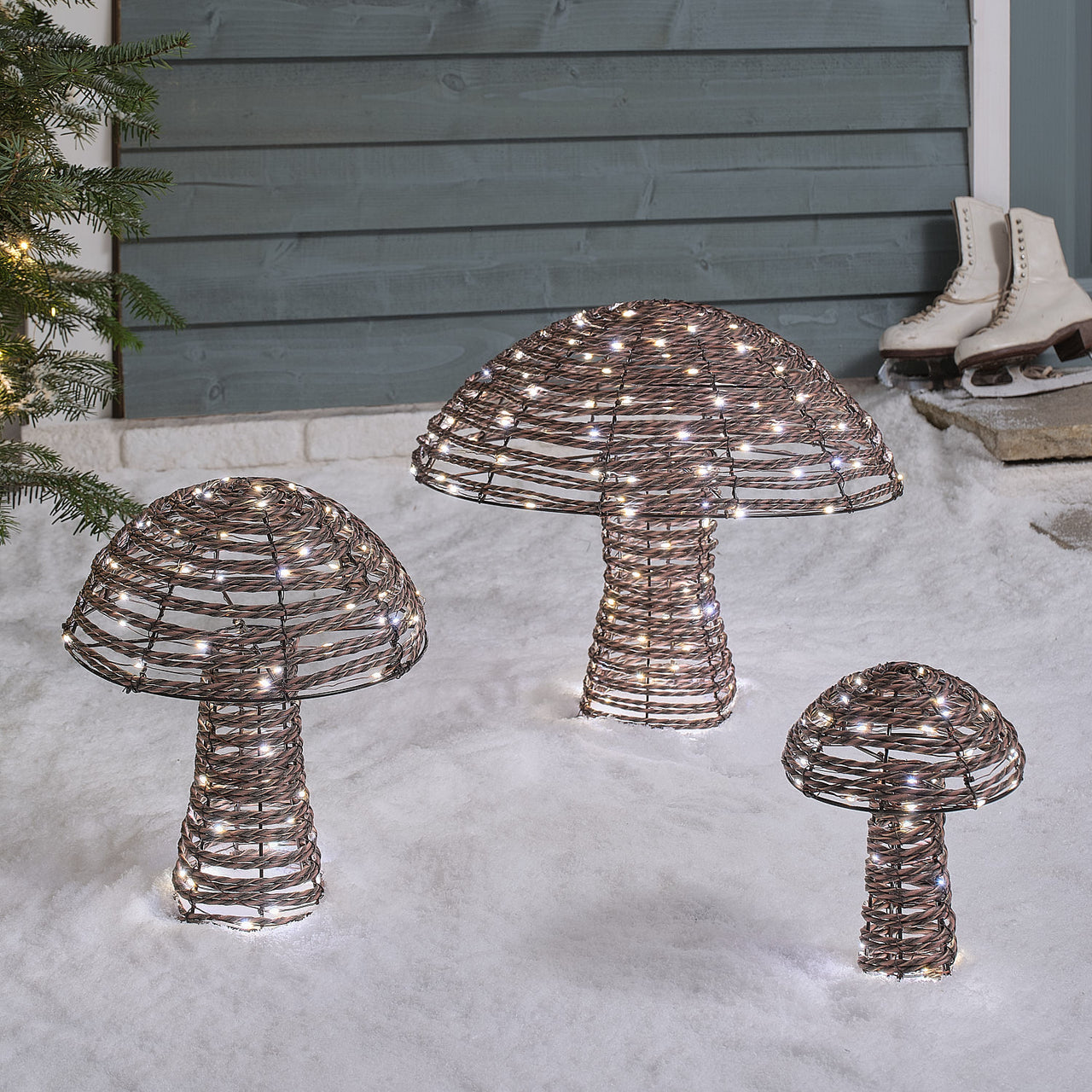 Pateley Rattan Dual LED Mushroom Garden Light Trio