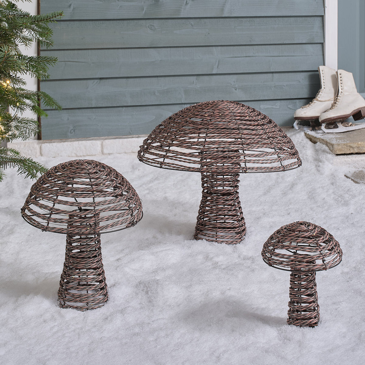 Pateley Rattan Dual LED Mushroom Garden Light Trio