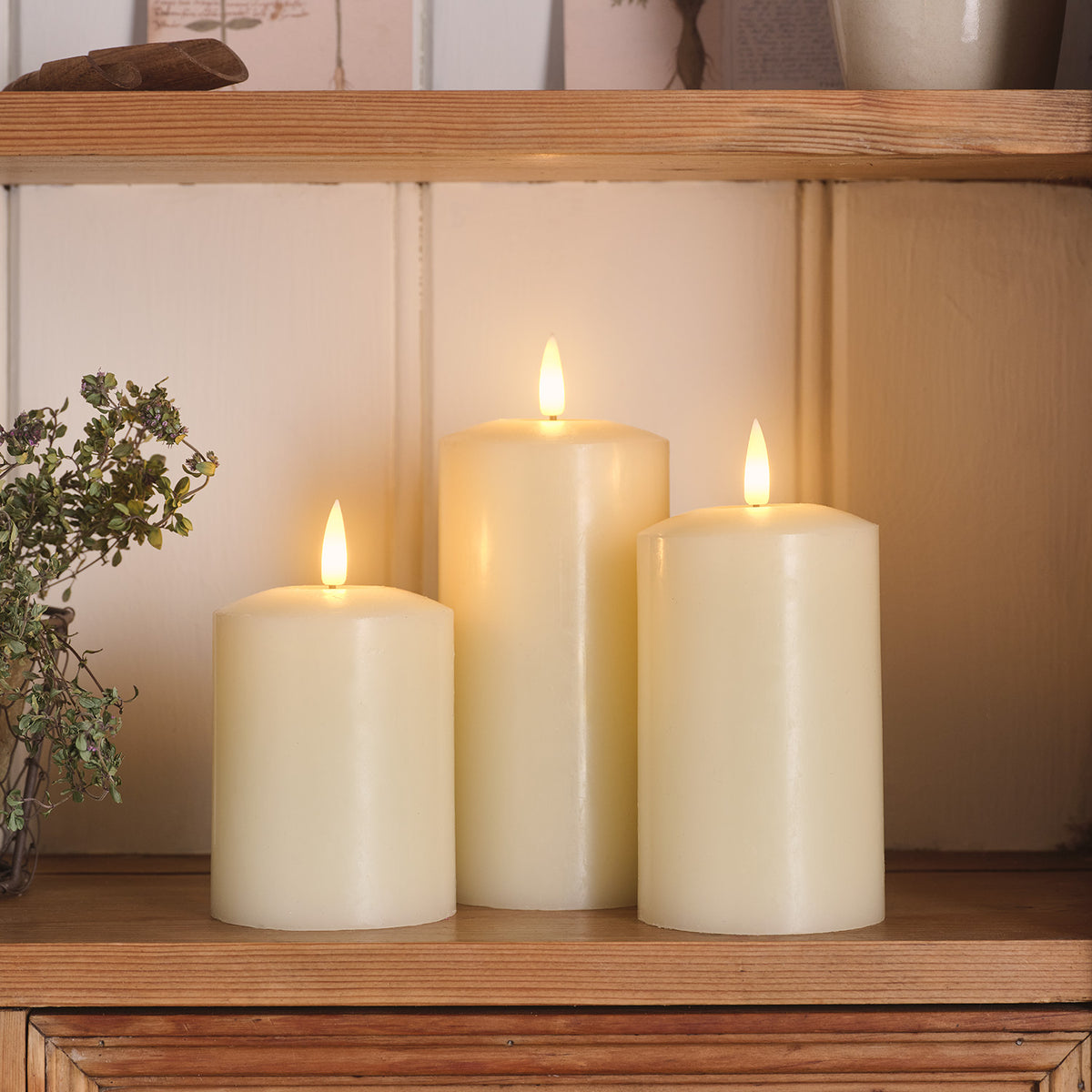 Ivory Wax LED Pillar Candle Trio - lifestyle detail