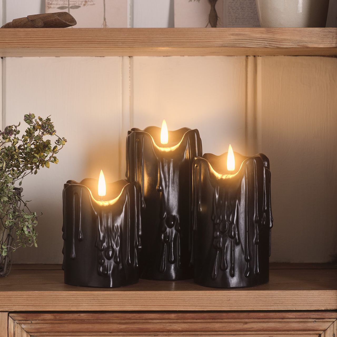 TruGlow® Black Dripping Wax LED Pillar Candle Trio