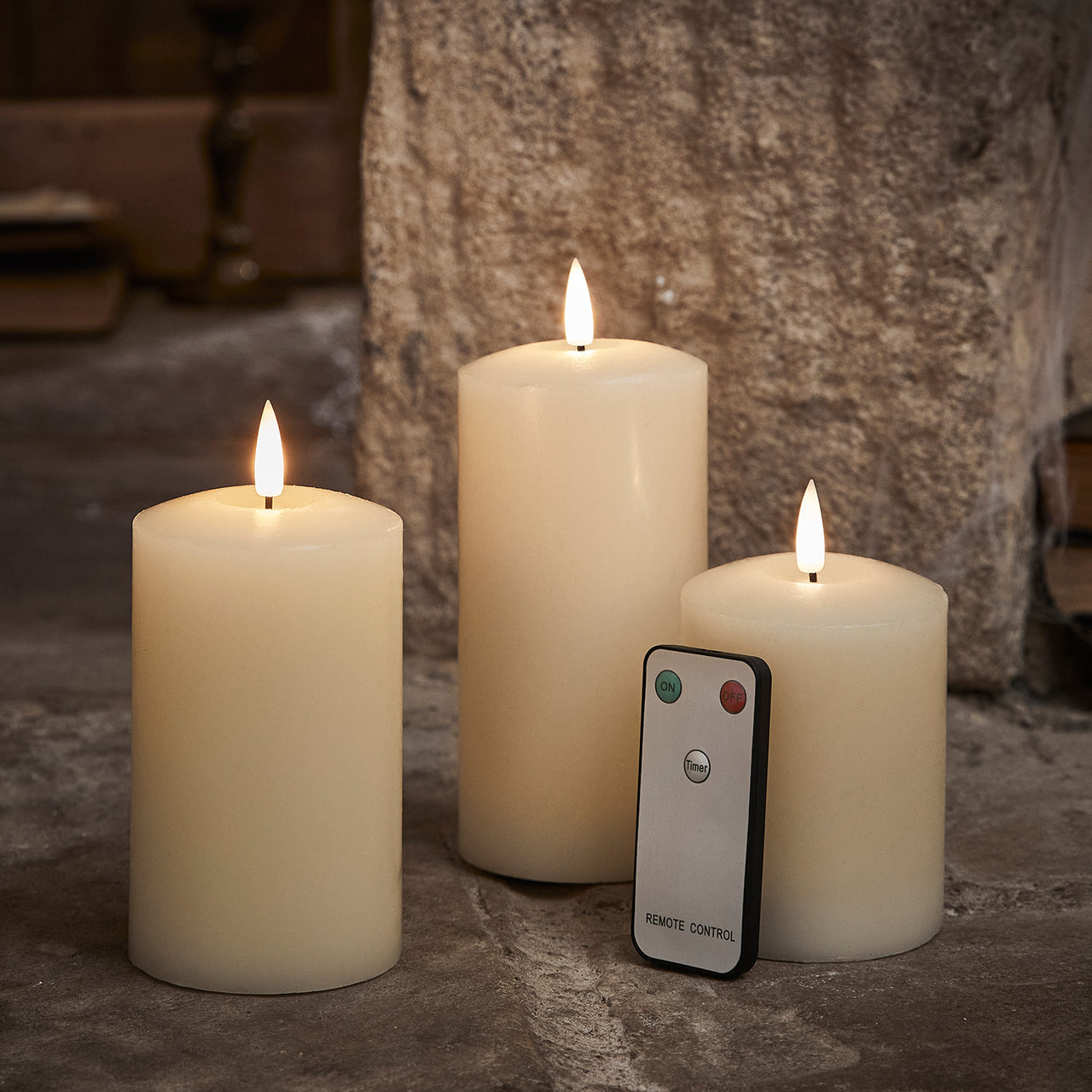 TruGlow® Ivory Real Wax LED Pillar Candle Trio with Remote Control