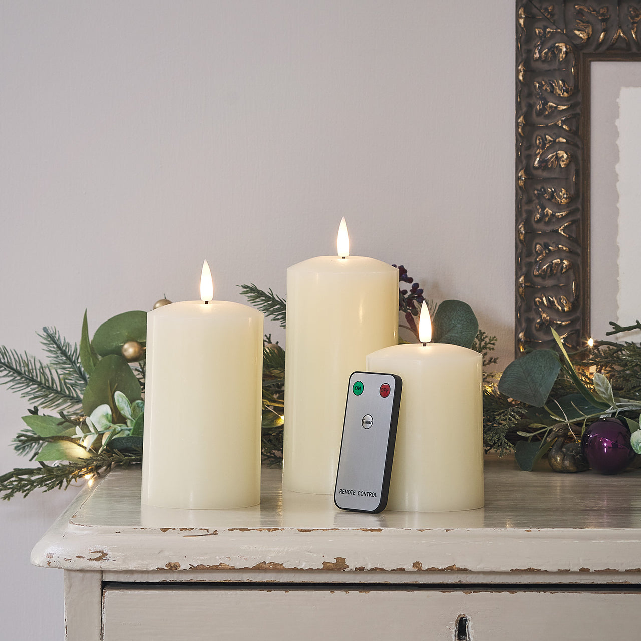 TruGlow® Ivory Real Wax LED Pillar Candle Trio with Remote Control