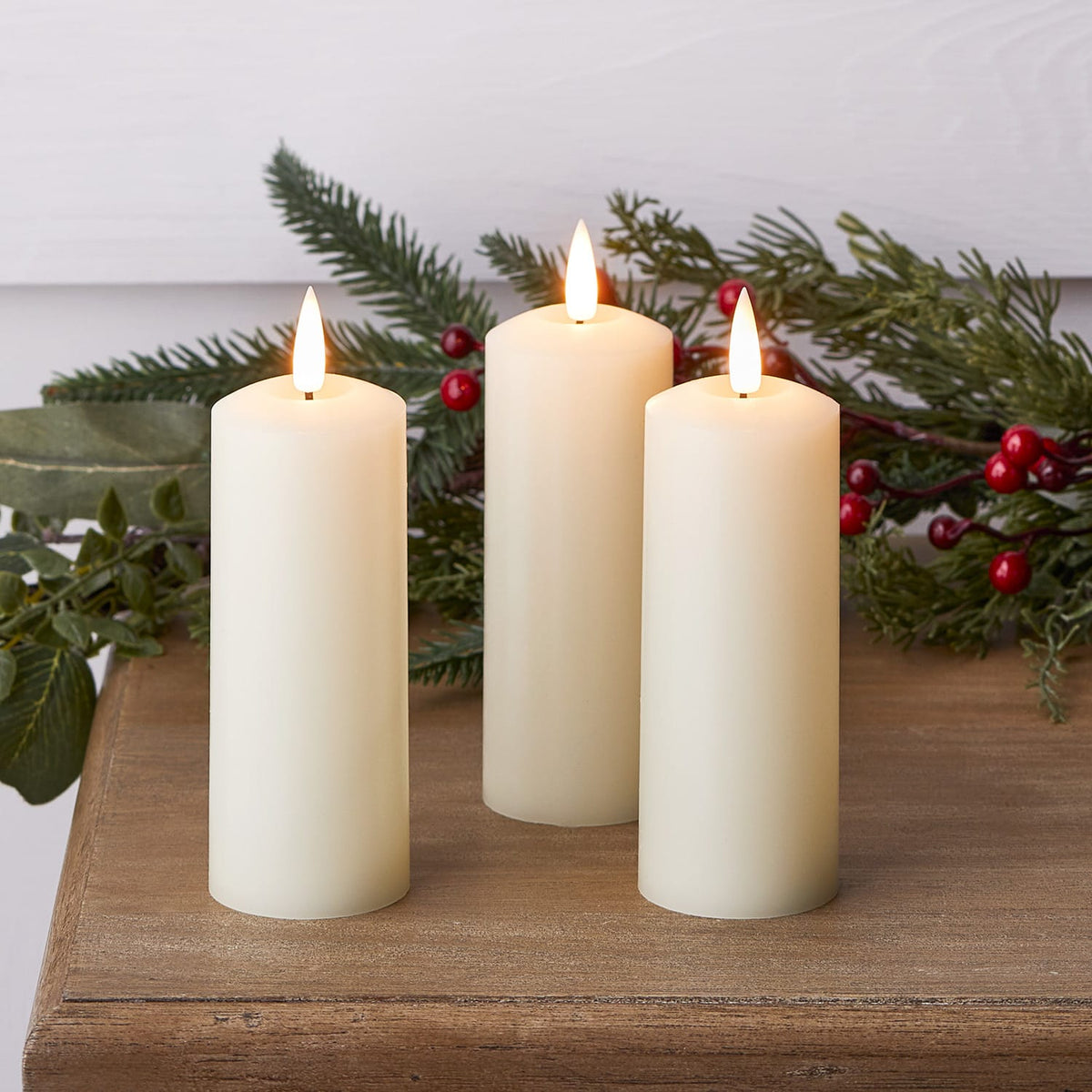 Slender Ivory LED Pillar Candle Trio - styled product view