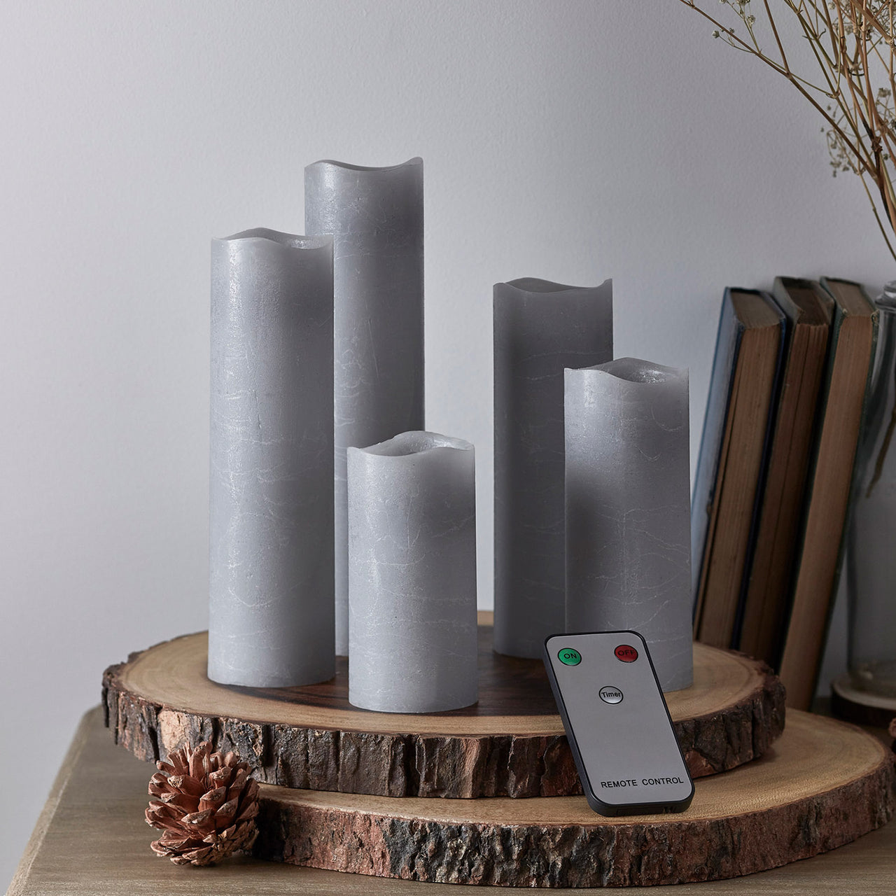 Set of 5 Grey Slim LED Pillar Candles with Remote Control