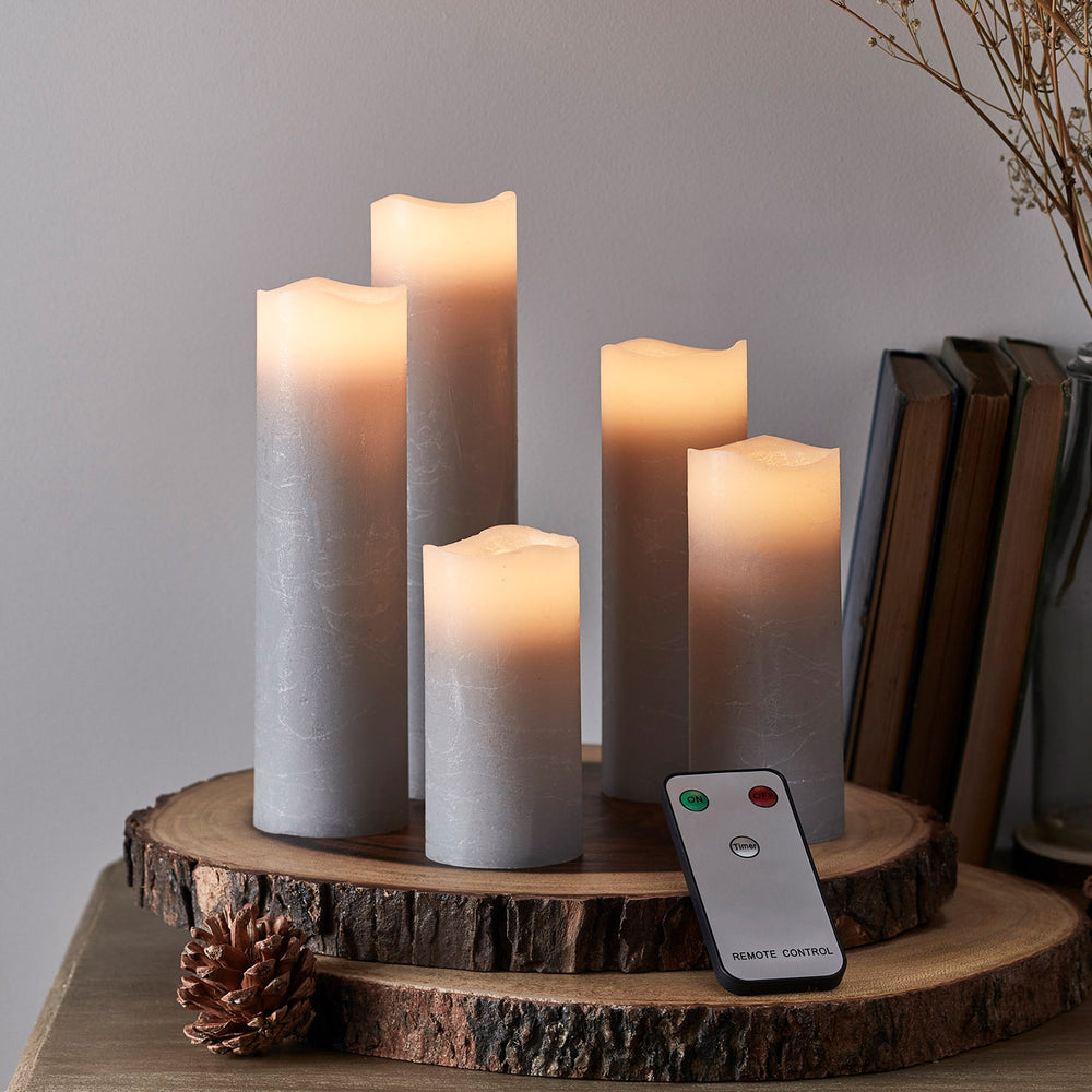 Set of 5 Grey Slim LED Pillar Candles with Remote Control