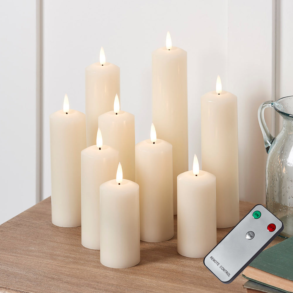 9  TruGlow® Ivory LED Slim Pillar Candles With Remote Control