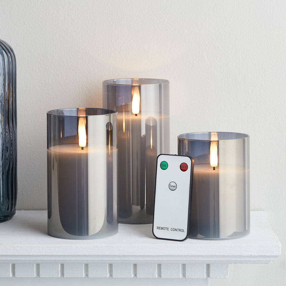 TruGlow® Smoked Grey LED Glass Candle Trio with Remote Control