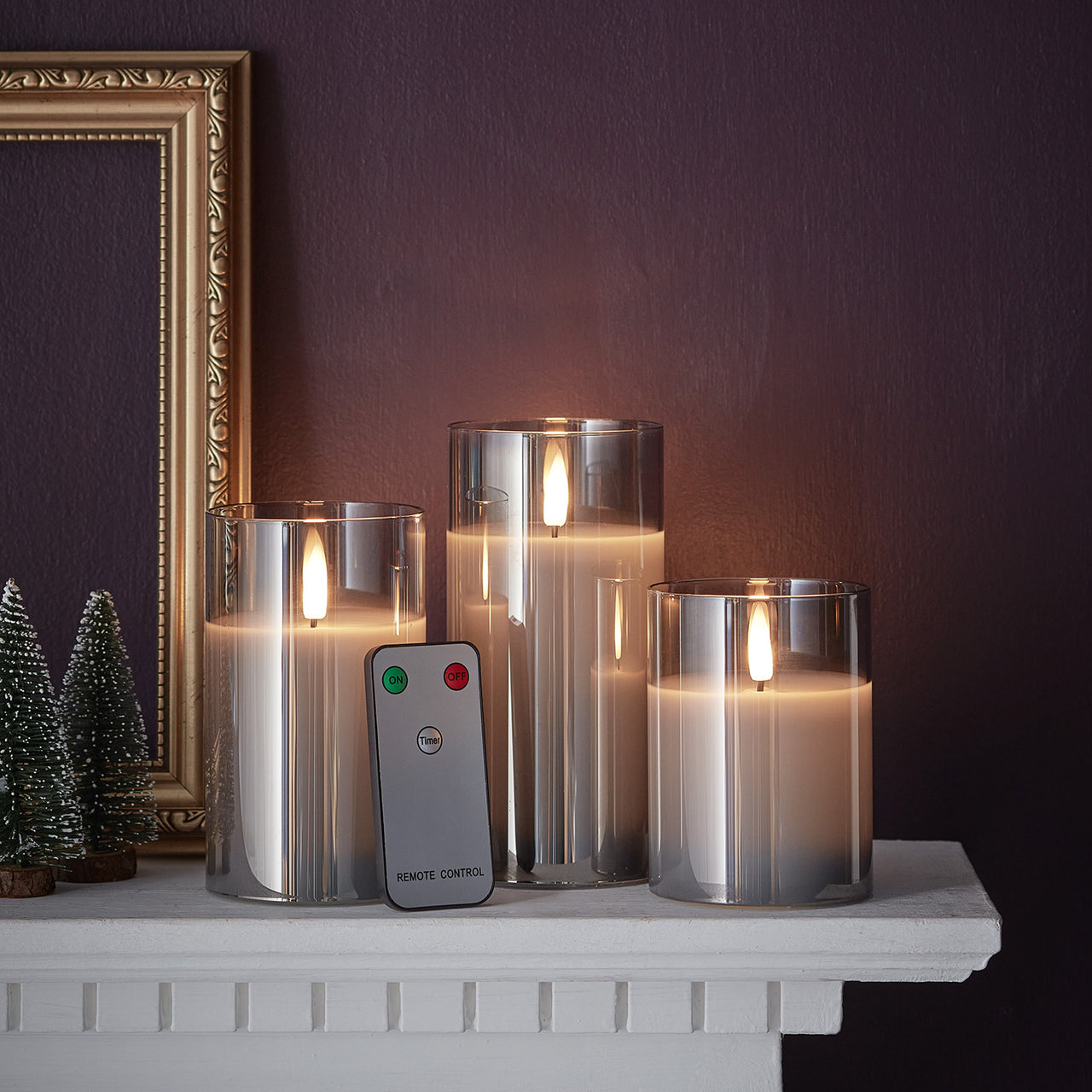 TruGlow® Smoked Grey LED Glass Candle Trio with Remote Control