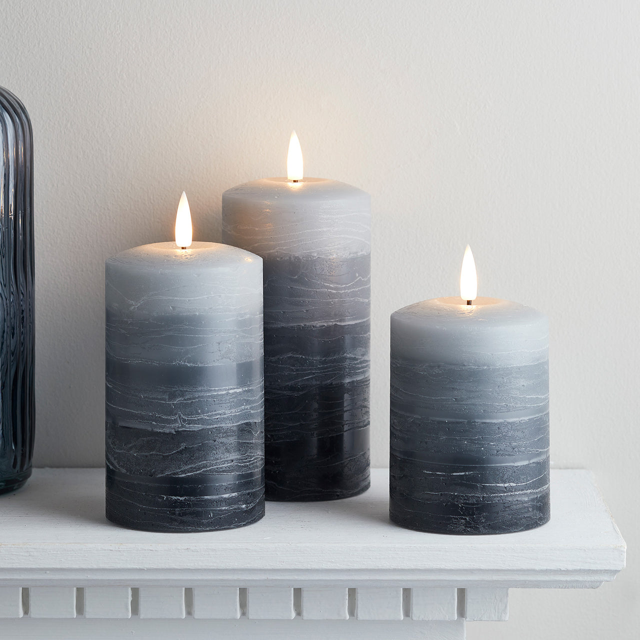 TruGlow® Stacked Grey LED Pillar Candle Trio with Remote Control
