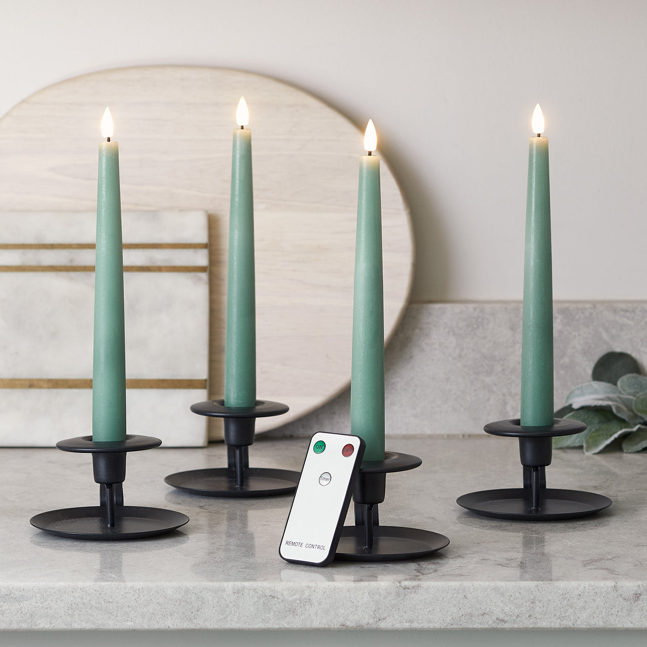 4 TruGlow® Eucalyptus Green Remote Controlled LED Taper Candles
