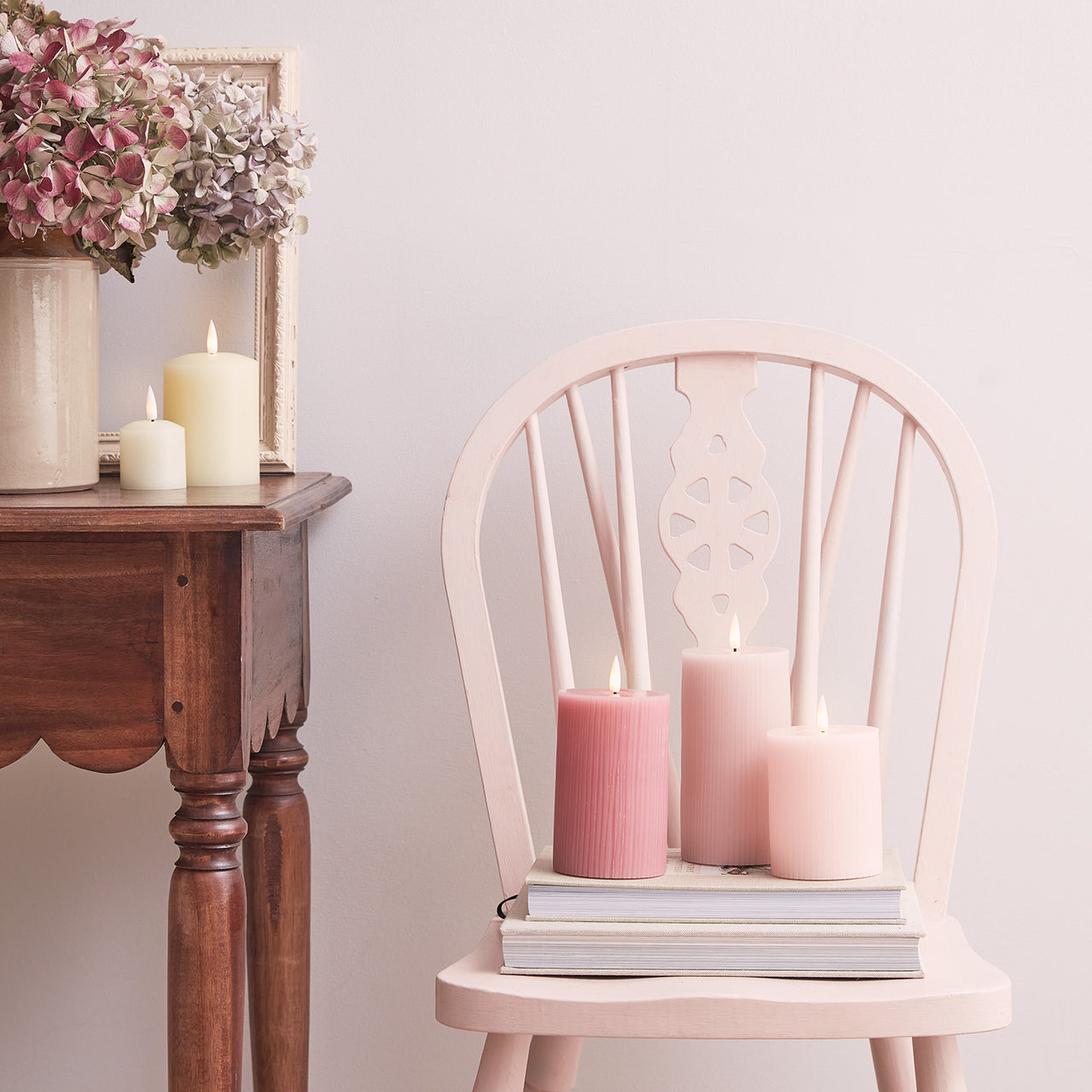 TruGlow® Blush Pink Ribbed LED Pillar Candle Trio
