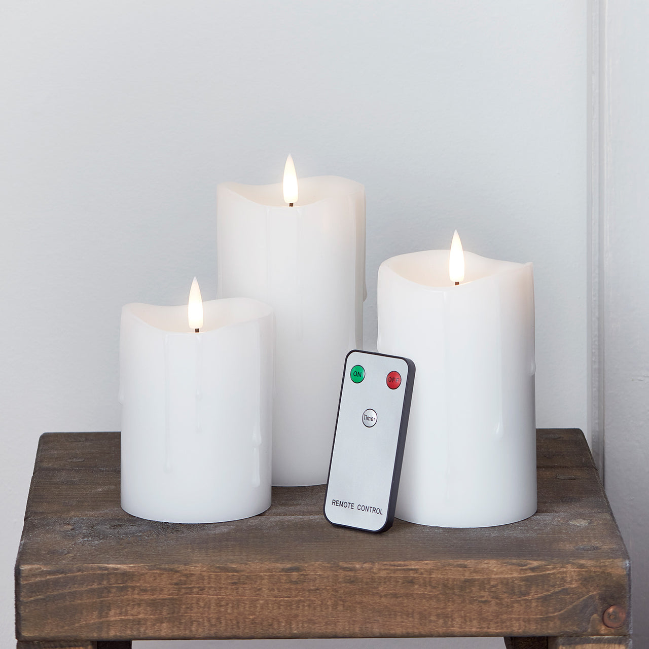 TruGlow® White Dripping Wax LED Pillar Candle Trio with Remote Control