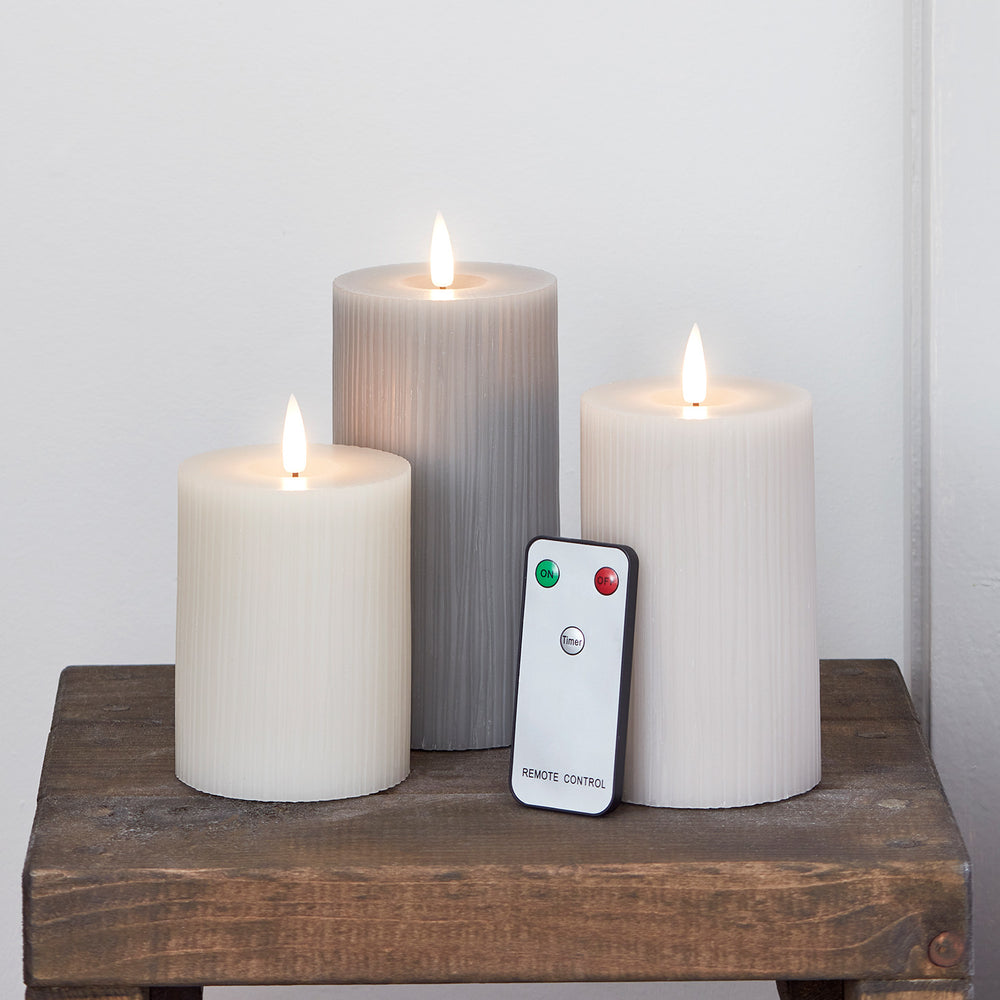 TruGlow® Grey Ribbed LED Pillar Candle Trio with Remote Control