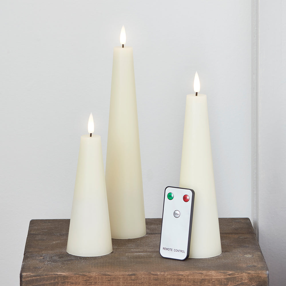 TruGlow® Ivory Cone Real Wax LED Pillar Candle Trio with Remote Control