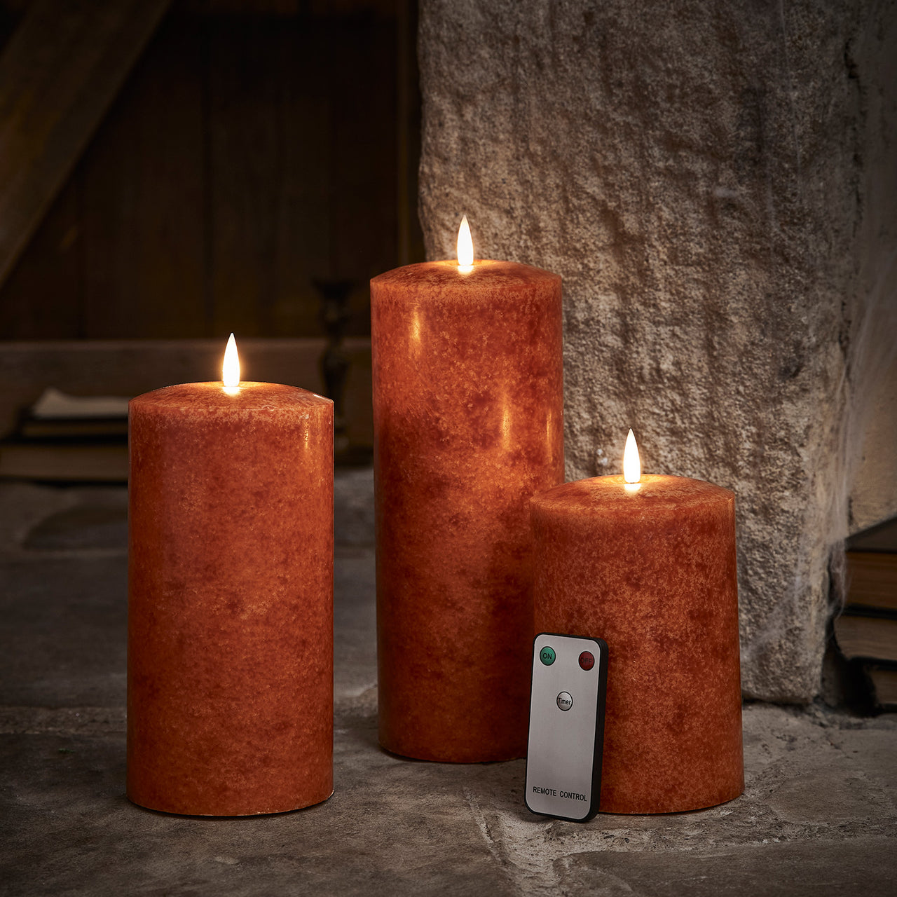 TruGlow® Mottled Orange LED Chapel Candle Trio with Remote Control