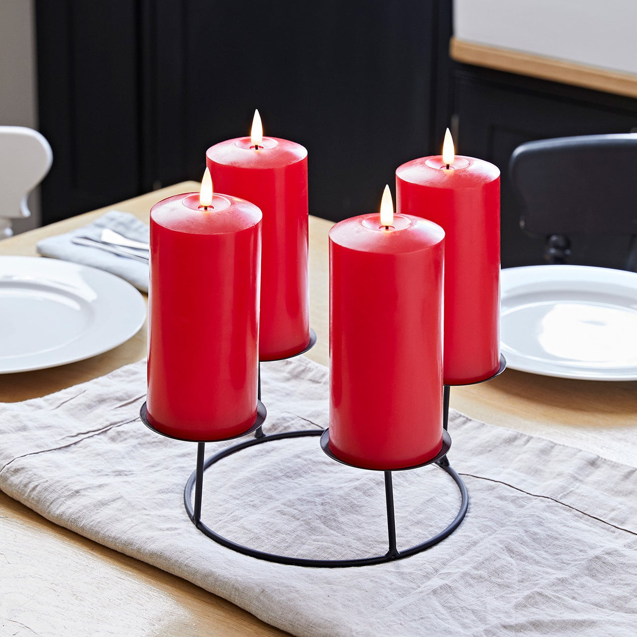 4  TruGlow® Red LED Pillar Candles & Table Candle Holder