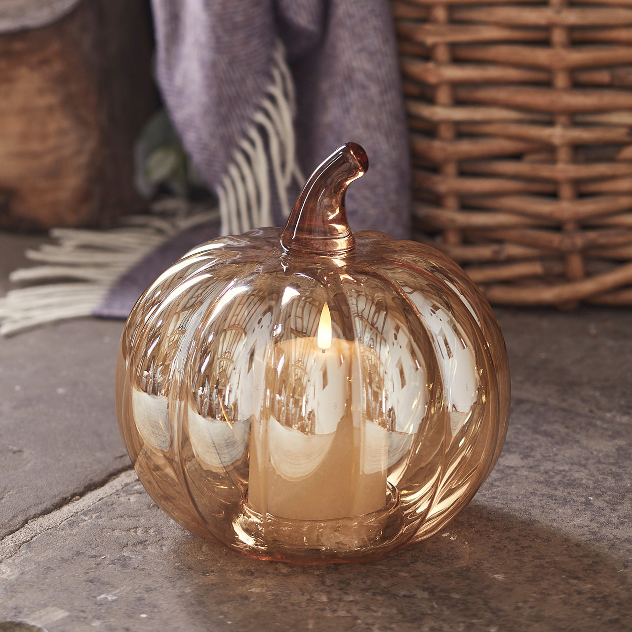 Amber Glass Pumpkin Decoration & TruGlow® Candle Bundle