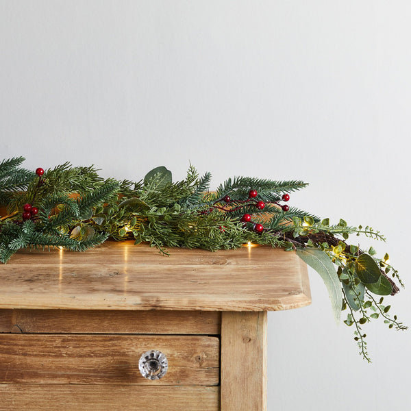 2m Pre Lit Pine & Red Berry Christmas Garland
