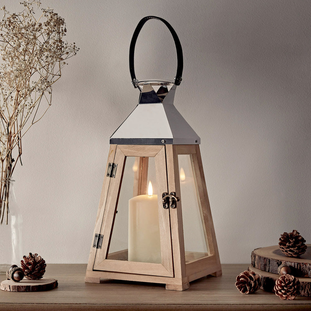 Wooden Trapeze Lantern With TruGlow® Candle