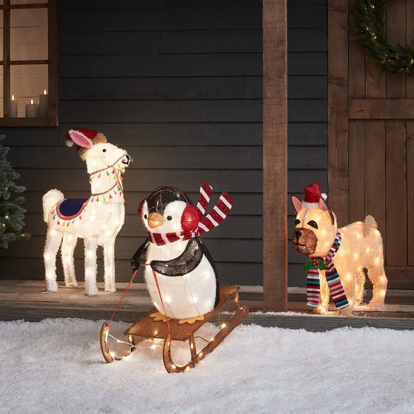 Alpaca, Sledging Penguin & French Bulldog Christmas Figures