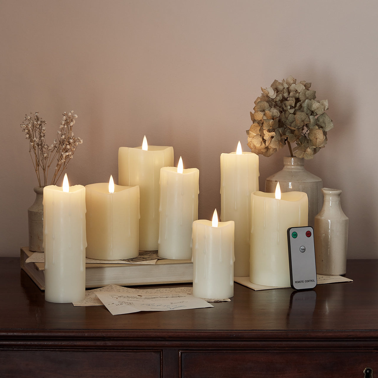 7 TruGlow® Ivory Dripping Wax LED Candles with Remote Control