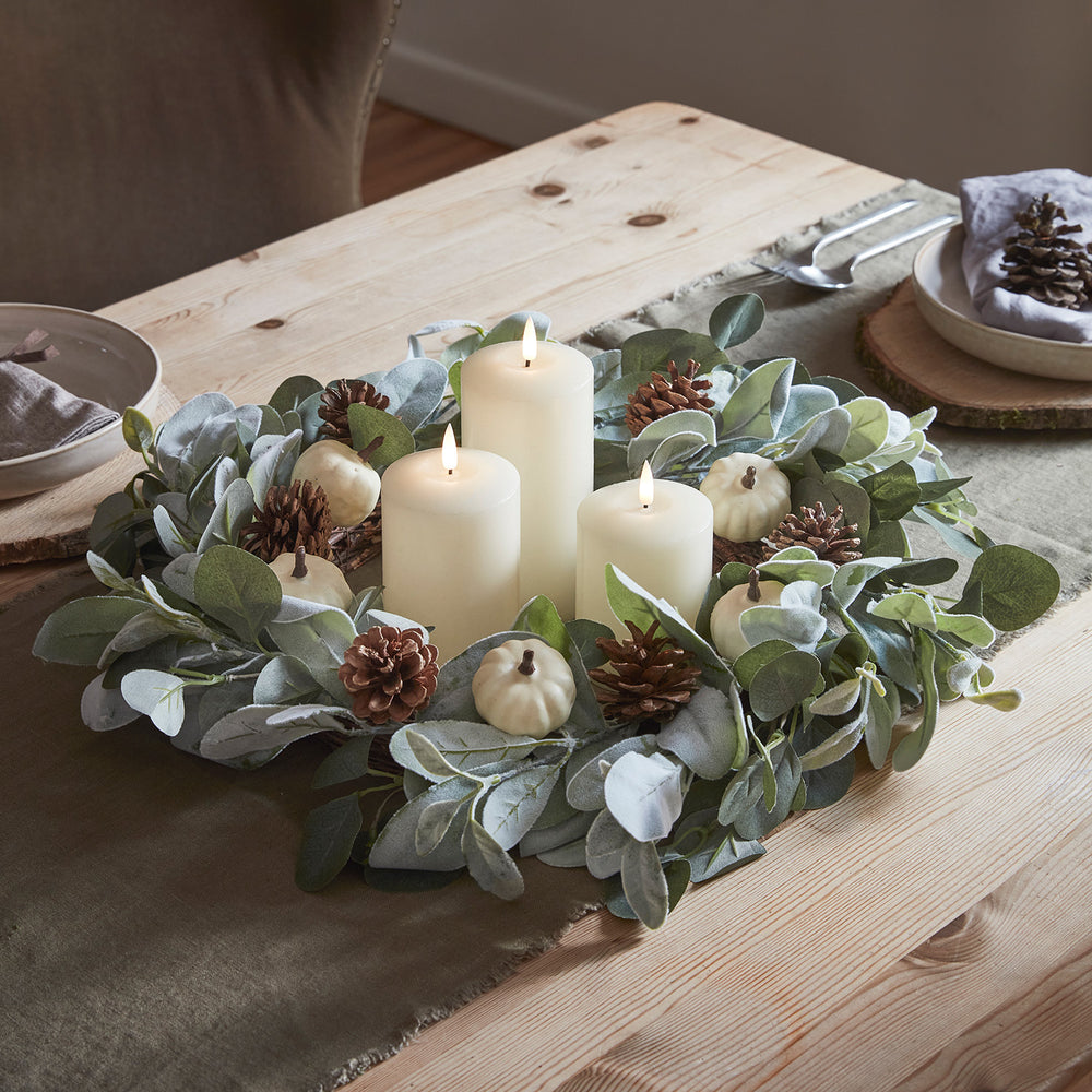 Pumpkin & Pinecone Autumn Wreath & TruGlow® Candle Bundle