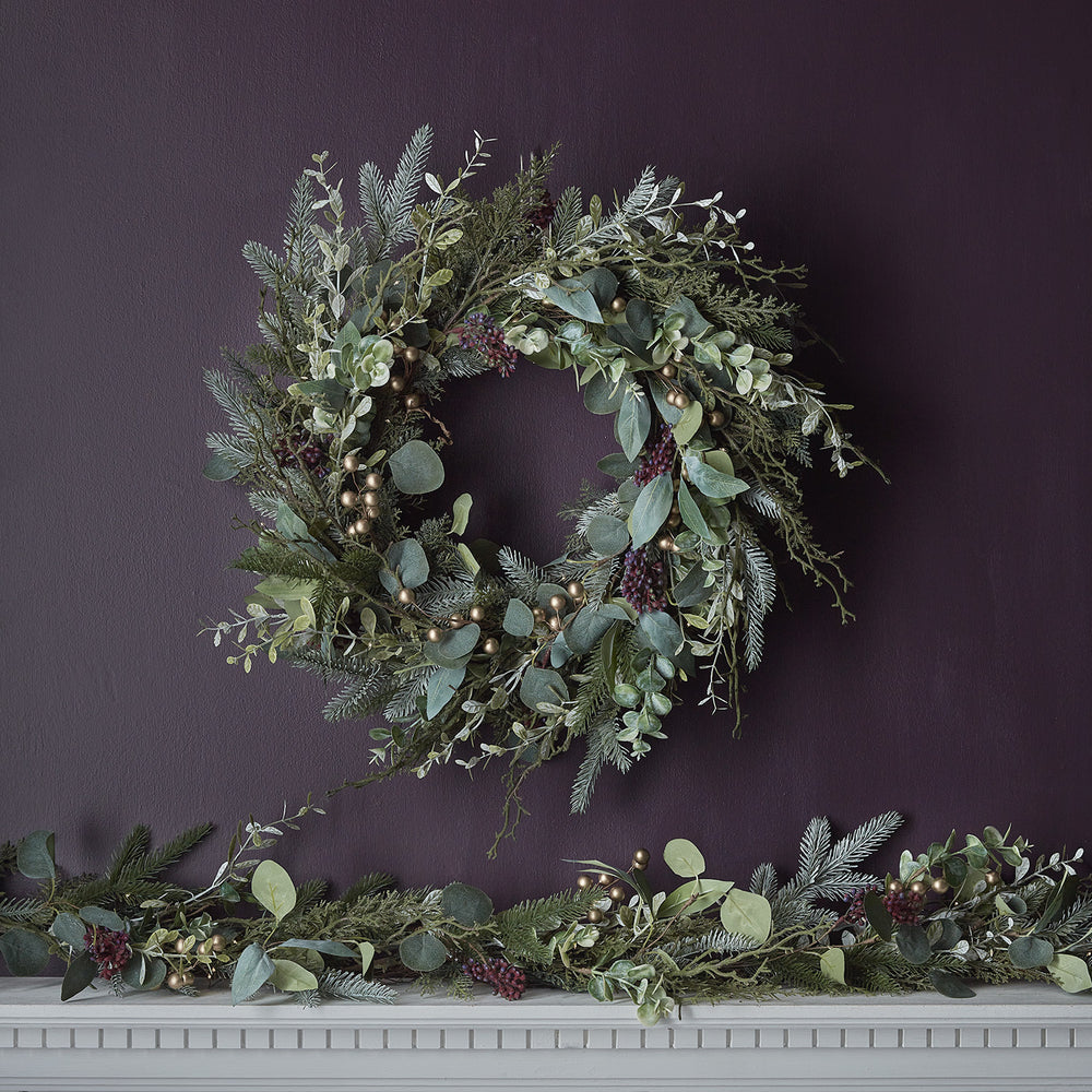 Eucalyptus, Pine & Gold Berry Christmas Wreath and Garland