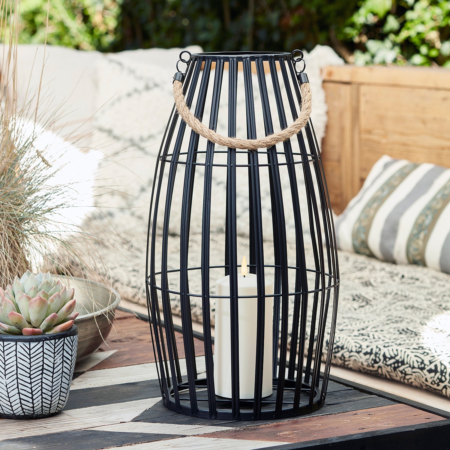 Canberra Large Slatted Outdoor Lantern with TruGlow® Candle – 