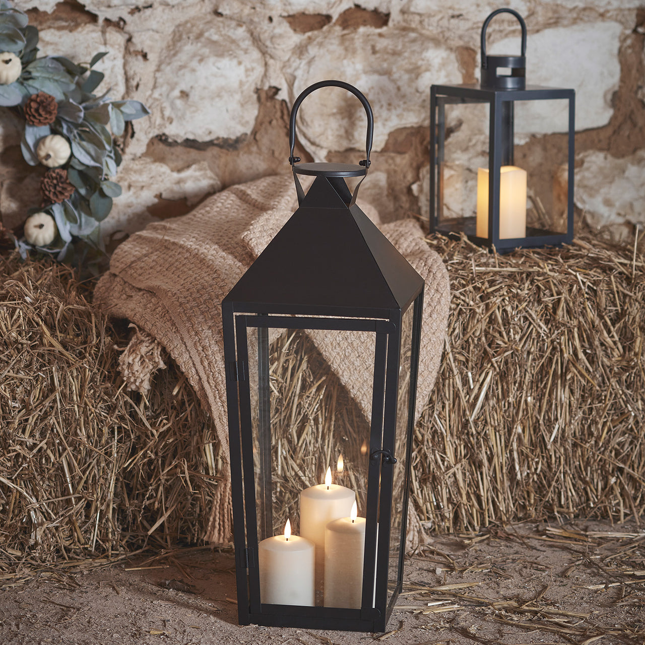 Cairns Large Black Garden Lantern with 3 TruGlow® Candles