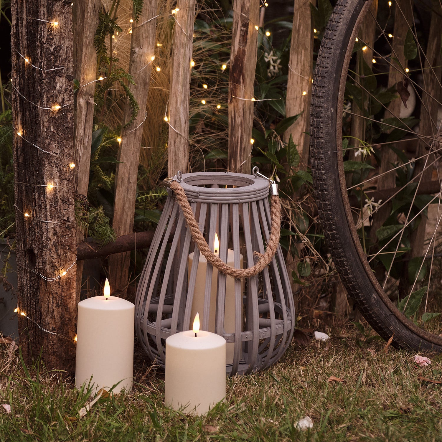 Fraser Large Grey Bamboo Lantern with TruGlow® Candle –