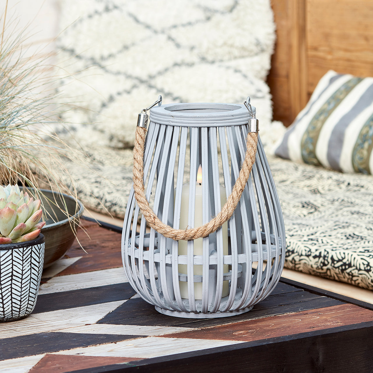 Fraser Grey Bamboo Lantern Duo with TruGlow® Candles