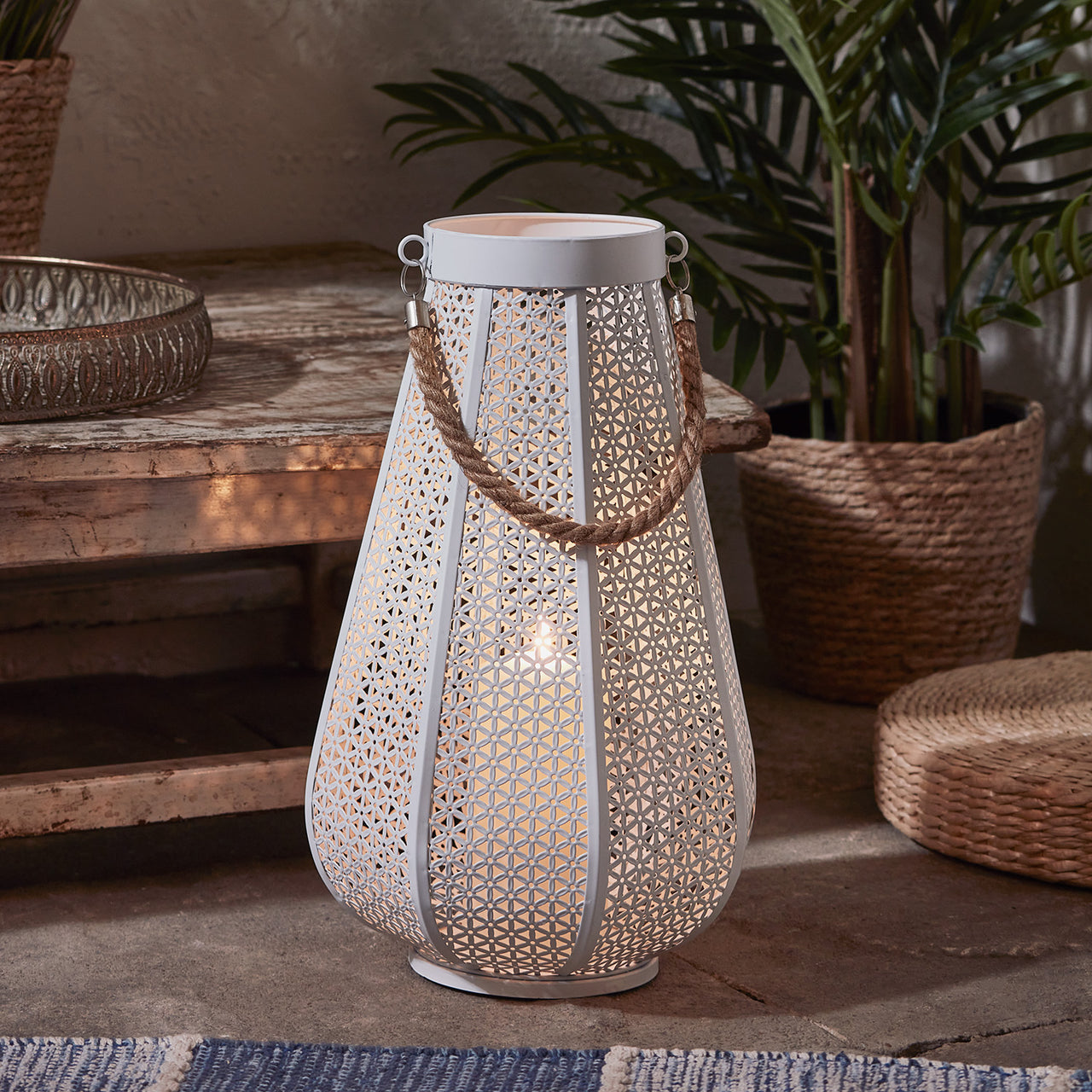 Large Pollensa White Garden Lantern with TruGlow® Candles